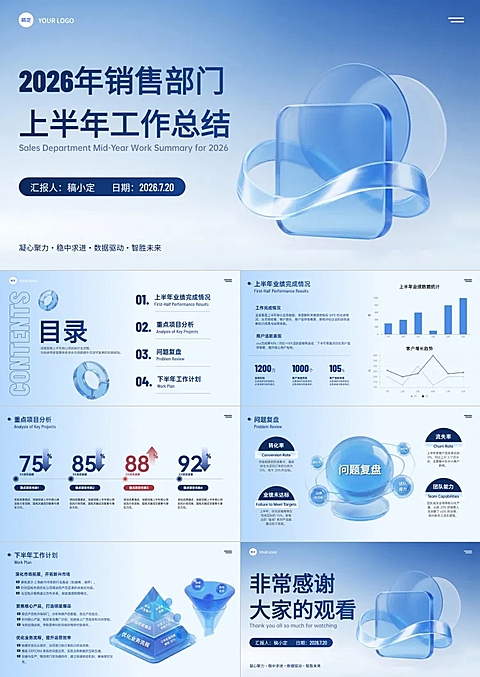 蓝色系清透感科技风销售部门工作汇报总结PPT套装