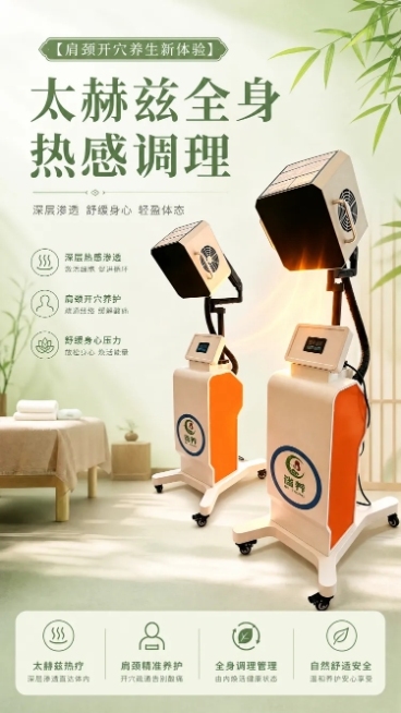 使用商品详情页技能根据商品图「图片1」「图片1」生成详情页，参考图为「图片1」「图片1」「图片1」，商品名称为太赫兹全身热感调理+肩颈开穴，卖点为项目介绍：采用前沿太赫兹高频热感技术，短时深层渗透肌底预览效果