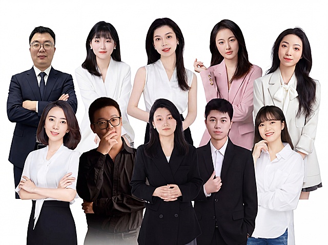 将提供的10张人物素材合成为一张高清大合影，保留所有人原始面部特征和服装不做任何修改，男女混搭排列，让人物之间挨得比较近，不要相隔太远，背景为纯白色