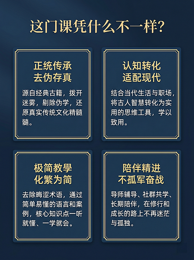 [第3屏] 课程四大优势，卡片式布局。主标题顶部，四个优势卡片两行两列排列，浅金边框，均匀分布。全局底色#1a3552，主标题浅金，说明白色，卡片#254061，边框#d4af37。主标题"这门课凭什么不一样？"浅金居中，四个卡片标题分别为：正统传承去伪存真、认知转化适配现代、极简教學化繁为简、陪伴精进不孤军奋战，每个标题下配简要说明文字。3:4比例，4K分辨率，文字清晰。负向提示词：文字错乱，卡片变形，排版拥挤，水印。