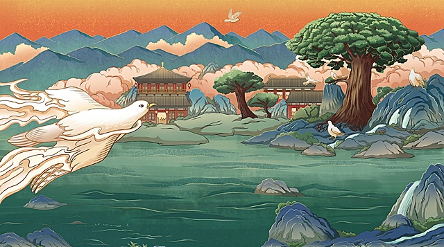 基于参考图生成插图，保留山水、建筑、飞鸟、松树等画面元素，去除底部文字信息（'GUANG MING SQUAB' 及其下方英文说明）和右下角二维码，保持原风格与配色，4K高清
