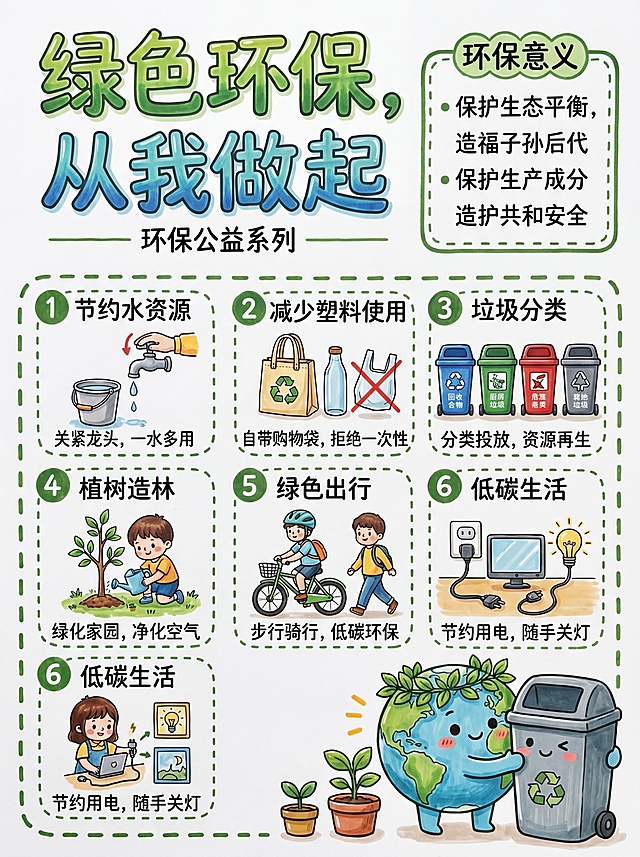 参照参考图手抄报布局和马克笔手绘风格，制作一幅环保主题公益手抄报，标题为"绿色环保，从我做起"，内容包含节约水资源、减少塑料使用、垃圾分类、植树造林等环保知识介绍，搭配可爱的绿植、地球、垃圾桶相关卡通插画，马克笔手绘风格，整体清新自然，使用绿色环保配色
