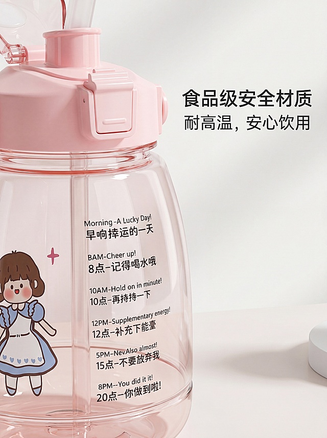 「图片1」「图片1」「图片1」「图片1」电商详情页生成，竖版3:4尺寸，清新可爱ins风，背景为明亮的室内场景（商场、奶茶店、居家），搭配干净的桌面和柔和光线，整体色调以产品的粉/蓝/白为主，突出水杯的少女心、大容量和高颜值。

1. 主视觉海报：卡通大肚水杯，粉/蓝/白多色可选，透明杯身带可爱卡通贴纸（小女孩、小熊、兔子图案）和时间刻度，带背带和手提设计，杯内装有水和柠檬片/奶茶，整体突出“大容量、少女心、高颜值”，右上角配大字标题：网红大肚杯 带吸管刻度 学生便携水壶。
2. 颜色&款式选择页：分屏展示粉色小女孩款、蓝色小熊款、白色兔子款等不同款式的水杯，每款标注名称和容量，方便客户直观选款。
3. 核心卖点总览：用图标+文字形式展示：大容量满足全天饮水、食品级材质可装开水、一盖双饮直饮+吸管、带时间刻度提醒、防漏弹盖设计、便携背带+手提、可DIY卡通贴纸，排版整齐清晰，突出核心优势。
4. 杯身刻度&贴纸设计：特写杯身时间刻度（8点-20点饮水提醒），展示自带的可爱卡通贴纸，说明可DIY装饰，打造专属水杯，大容量一次装满不用频繁接水。
5. 双饮杯盖细节：杯盖结构特写，展示直饮口+吸管口双用设计，一键弹盖演示，单手就能操作，吸管柔软不硌嘴，喝水更方便，密封圈细节突出防漏效果。
6. 食品级材质解析：杯身材质特写，文字说明食品级材质、无异味、耐高温、可装开水，透明杯身无杂质，安全健康，适合学生党和女生日常使用。
7. 防漏&便携设计：倒置水杯展示不漏水效果，杯盖密封圈细节放大，突出出行不撒漏；背带和手提设计特写，可斜挎可手提，出门上学、逛街、运动都方便，不勒手。
8. 多场景使用展示：学生党教室、办公室工位、户外逛街、居家使用四个场景，每个场景放一张水杯使用图，突出大容量、便携、高颜值，多场景适配。
9. 产品参数信息：表格形式展示：名称、材质、容量、颜色款式、适用温度、配件（背带、吸管、贴纸），排版简洁清晰。
10. 洗护保养小贴士：文字+图标形式，列出手洗、避免高温暴晒、不要长时间存放碳酸饮料、定期清洗杯盖和吸管、避免接触尖锐物品等注意事项。

要求：所有图片无AI畸形、无结构错误，文字清晰，排版和电商爆款可爱水杯详情页保持一致，突出产品颜值与实用性，整体风格清新少女心，可直接上架使用。