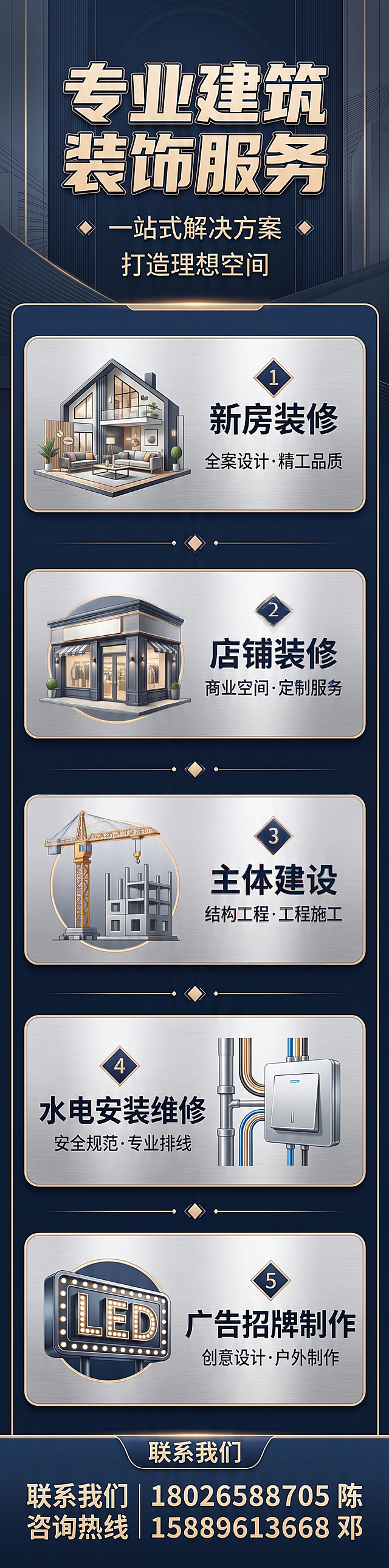 装修服务宣传海报，高240厘米宽60厘米，服务项目有：新房装修、店铺装修、主体建设、水电安装维修、广告招牌制作，底部电话：18026588705陈 15889613668邓，保持所有文字清晰正确，不要出现二维码和LOGO标识，提升整体清晰度和质感