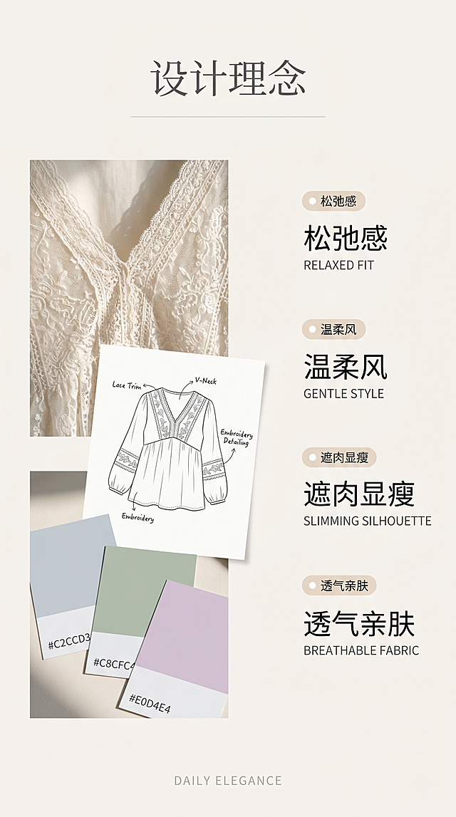[第2屏] 设计理念页-蕾丝V领娃娃衫设计灵感。
[标题版式] 纤细主标题顶部居中，细分割线装饰，简约留白，层级清晰。
[氛围/风格] 简约清新风，浅莫兰迪背景，低饱和，高级通透。
[元素布局] 左侧拼贴蕾丝微距、刺绣线稿、淡彩色卡三张素材，右侧排版关键词，留白充足，色彩呼应本款色系。
[光影质感] 左侧柔和侧光纹理清晰，右侧均匀明亮，通透干净，光影柔和。
[配色色系] 全局底色#F8F5F2浅米杏；主体浅蓝灰绿淡紫色卡；文字深灰主色浅灰辅助。
[视角构图] 左图右文，左侧三图错落拼贴，右侧竖向文字，疏密有致。
[文字版式] 顶部主标题「设计理念」纤细深灰，细灰线分割；右侧四个关键词松弛感、温柔风、遮肉显瘦、透气亲肤，配小圆点标签浅底深字，手机清晰可读。底部小字英文DAILY ELEGANCE浅灰。
[比例分辨率] 9:16竖版，4K，文字清晰。
[负向提示词] 拼接错乱，颜色过饱和，文字模糊，排版拥挤，变形，水印。