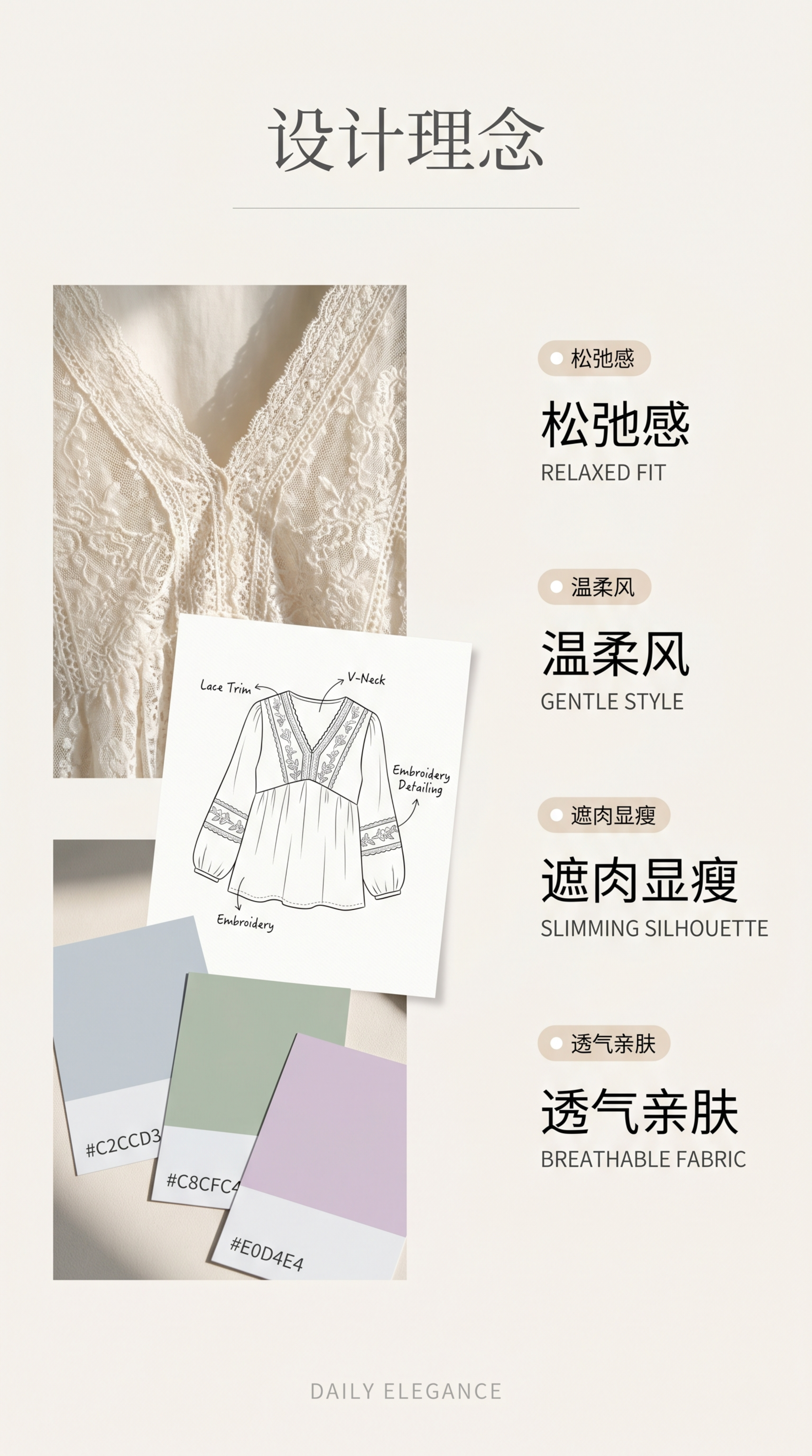 [第2屏] 设计理念页-蕾丝V领娃娃衫设计灵感。 [标题版式]… - 图片创意预览