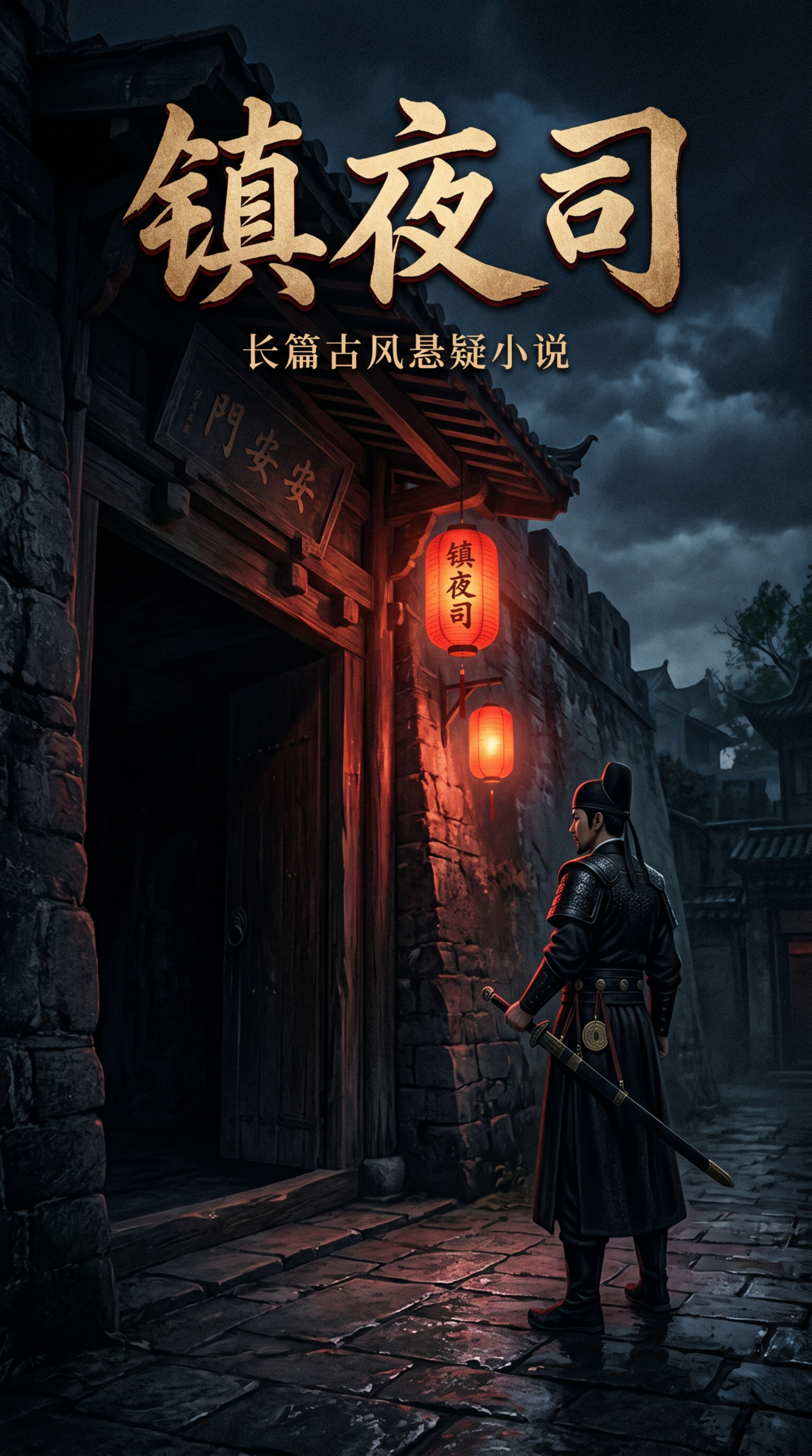 悬疑古风小说封面，书名“镇夜司”，古风夜晚城门下，身穿黑色官差… - 图片创意预览