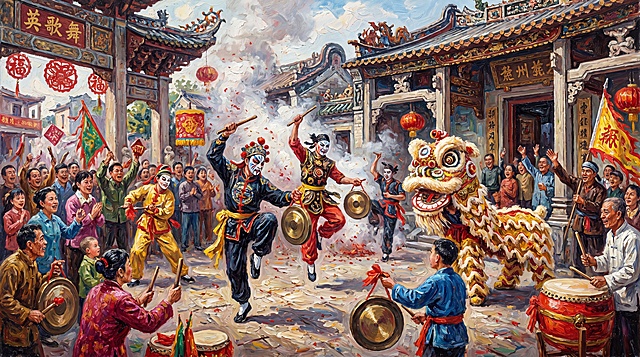 英歌舞厚涂原画风格的非遗场景插画，包含英歌舞表演者、传统潮汕建筑、民间观众、醒狮元素等2个以上次要元素，浓郁中国风，厚重质感，非遗文化氛围，动态构图，色彩浓郁饱满，笔触粗犷厚重
