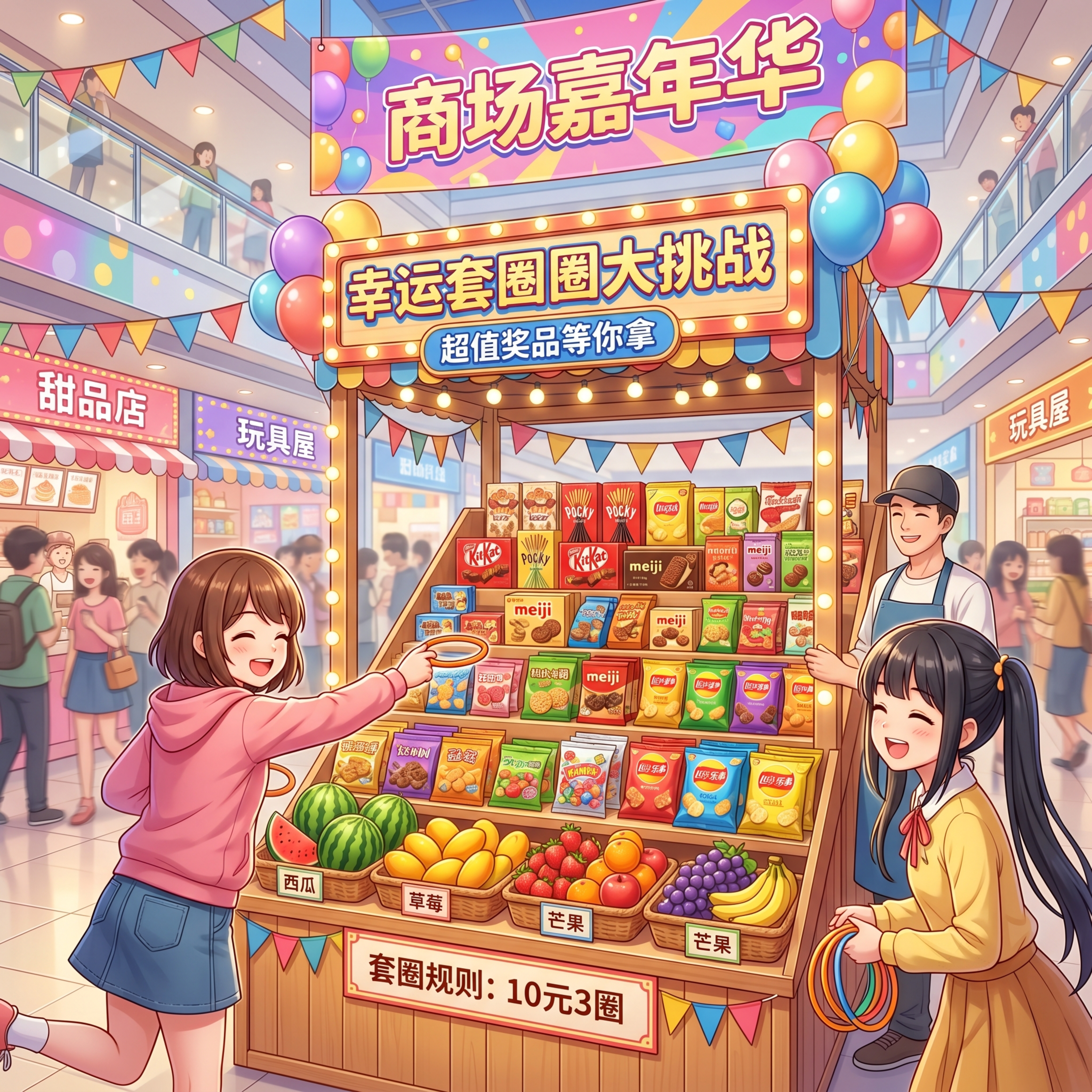 3D动漫风格，商场内的套圈活动场景，摊位上摆放着各种零食和水果… - 图片创意预览