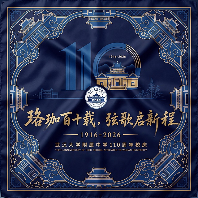 武汉大学附属中学110周年庆丝巾设计效果图，丝巾印有参考图中的蓝色圆形徽章图案和校建筑图案，文字为'珞珈百十载，弦歌启新程'，蓝色金色素雅配色，画面清晰无错别字不扭曲模糊