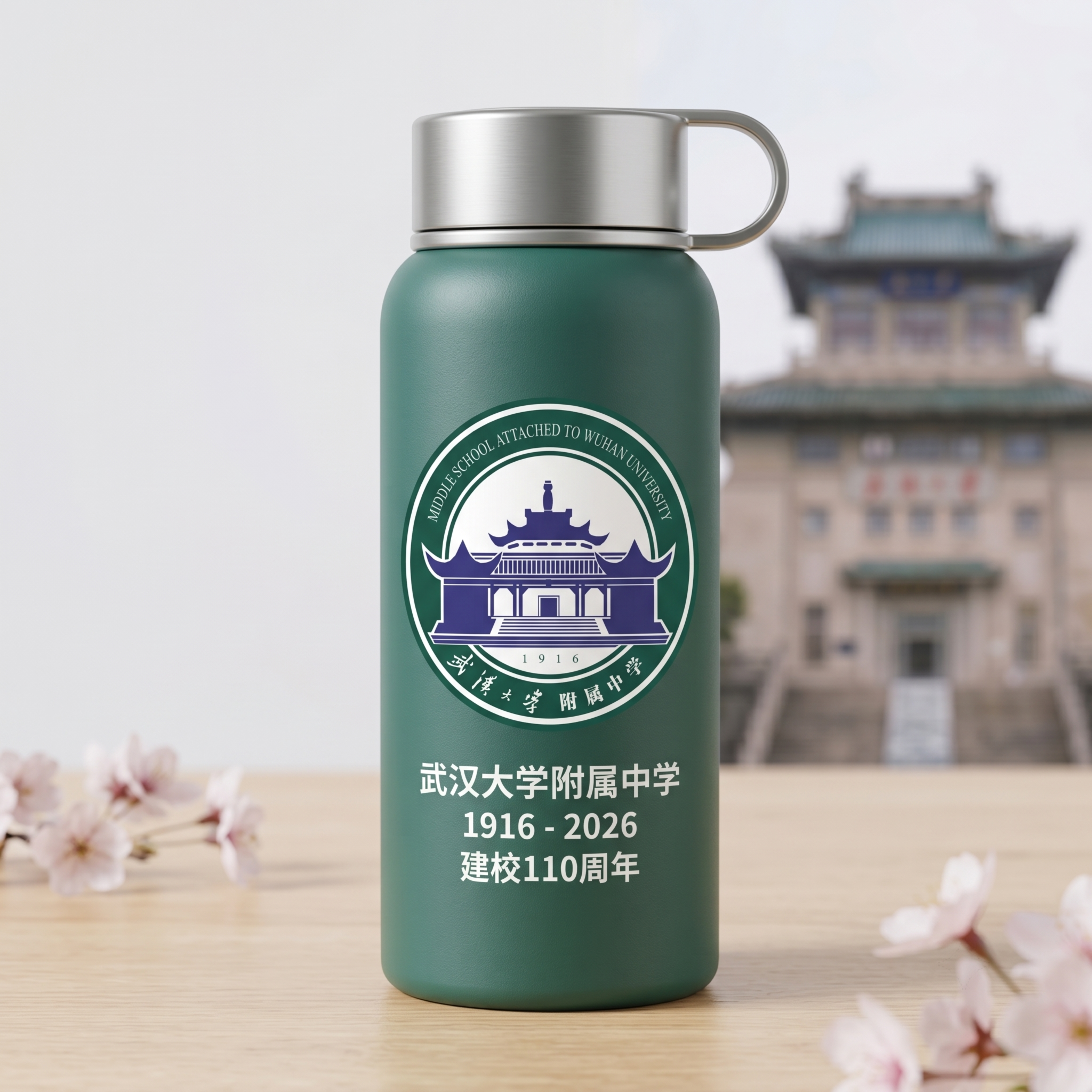 设计武汉大学附属中学110周年庆保温杯效果图，杯身印校徽图案（… - 图片创意预览