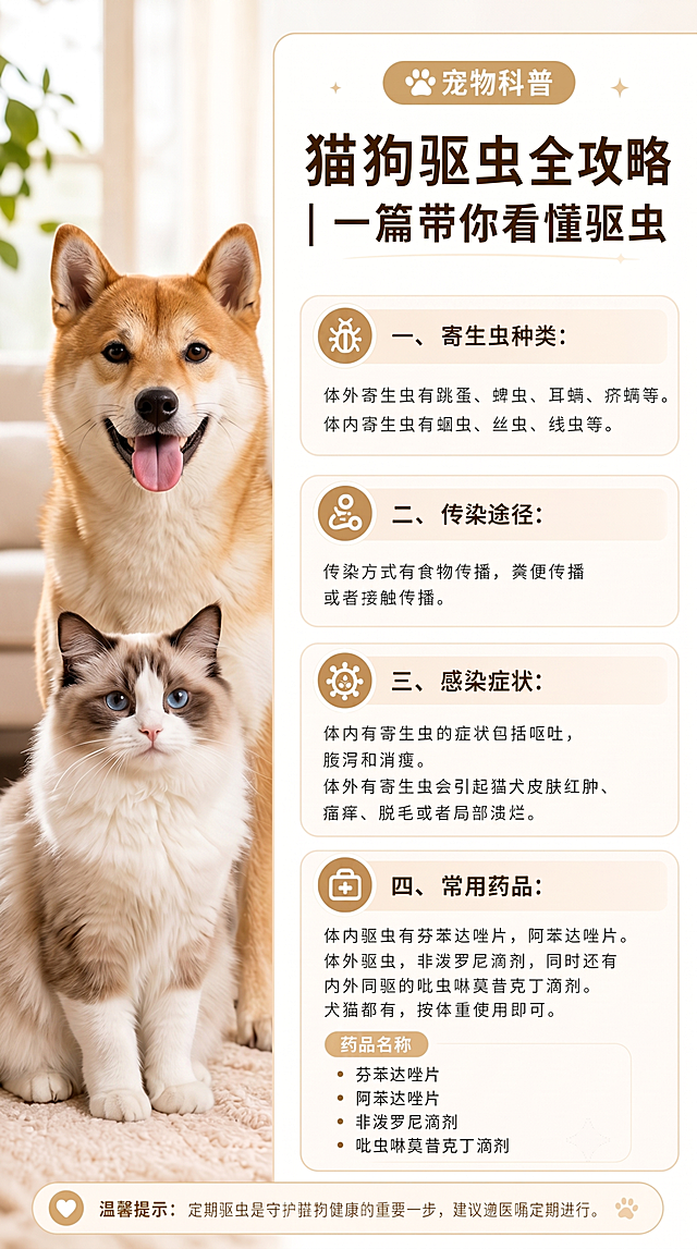 将图片左侧的金毛犬和银渐层猫替换成不同的其他真实宠物猫狗，表情自然真实，保持原来的图片风格、文字内容和药品位置不变，药品不修改，只更换宠物图案，整体风格保持温暖暖色调，背景不变