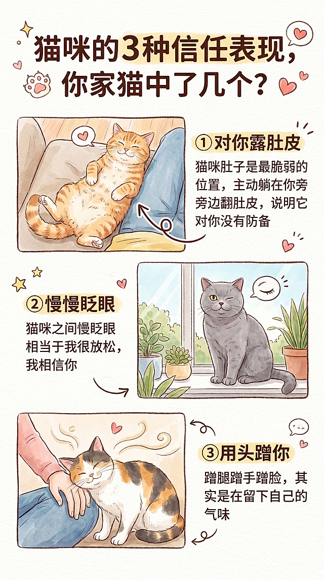 小红书风格图片，自然偏动画风格，包含三种猫咪信任表现：①对你露肚皮，猫咪躺在旁边翻肚皮，文字"① 对你露肚皮 猫咪肚子是最脆弱的位置，主动躺在你旁边翻肚皮，说明它对你没有防备"；②慢慢眨眼，猫咪放松地慢慢眨眼，文字"②慢慢眨眼 猫咪之间慢眨眼相当于我很放松，我相信你"；③用头蹭你，猫咪蹭腿蹭手，文字"③用头蹭你 蹭腿蹭手蹭脸，其实是在留下自己的气味"，画面自然，专业小红书排版，AI痕迹不明显