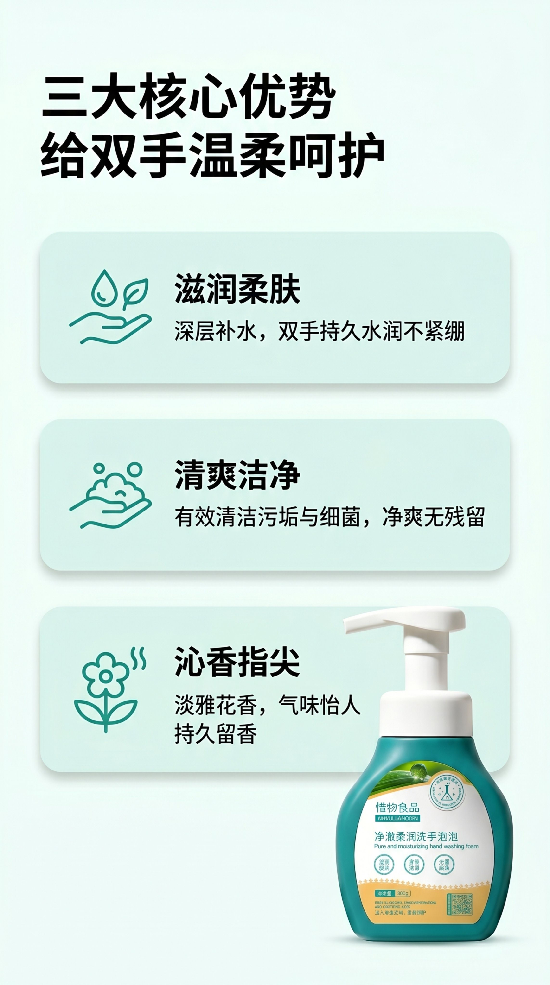 [第2屏] 核心卖点分屏展示-惜物良品净澈柔润洗手泡泡三大核心… - 图片创意预览