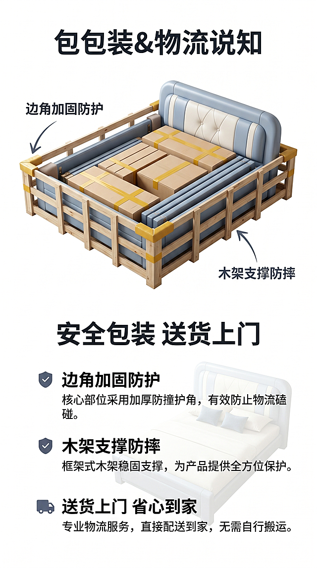 [第22屏] 包装物流说明-产品包装运输保障。氛围风格：专业安心，清晰展示，信任背书。元素布局：上半部分展示包装好的床架打木架示意图，下半部分文字说明包装和物流服务，背景放浅透明度的浅蓝色床图（图1）不遮挡文字，保持产品颜色结构与原图一致。光影质感：均匀清晰，包装展示清楚。配色色系：全局底色：#FFFFFF；文字：深灰；包装：原木色木架黄色胶带。视角构图：上下结构，信息清晰。文字版式：顶部主标题"安全包装 送货上门"，加粗居中；分点说明："边角加固防护" "木架支撑防摔" "送货上门 省心到家"。比例分辨率：9:16 竖版比例，文字清晰可辨，超高清。负向提示词：包装示意图变形，文字错乱，背景干扰。
