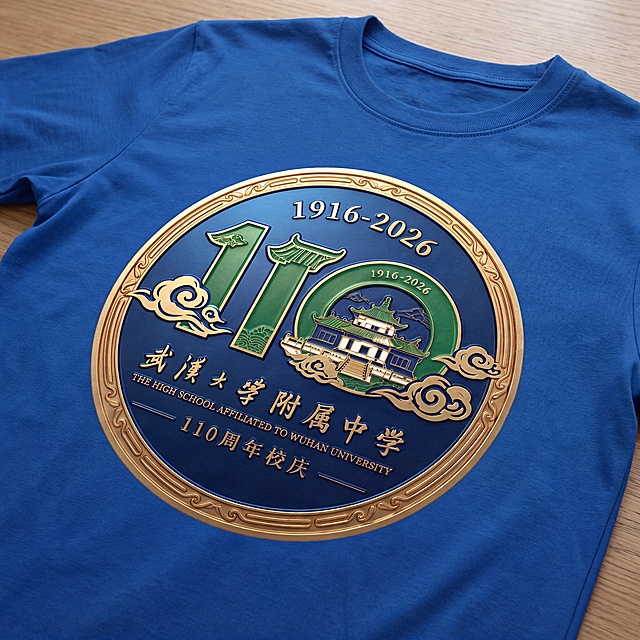 产品效果图，武汉大学附属中学110周年庆定制文化衫，印上参考图中的徽章图案，使用蓝色、绿色和金色配色，图案文字清晰，无错别字，不扭曲模糊