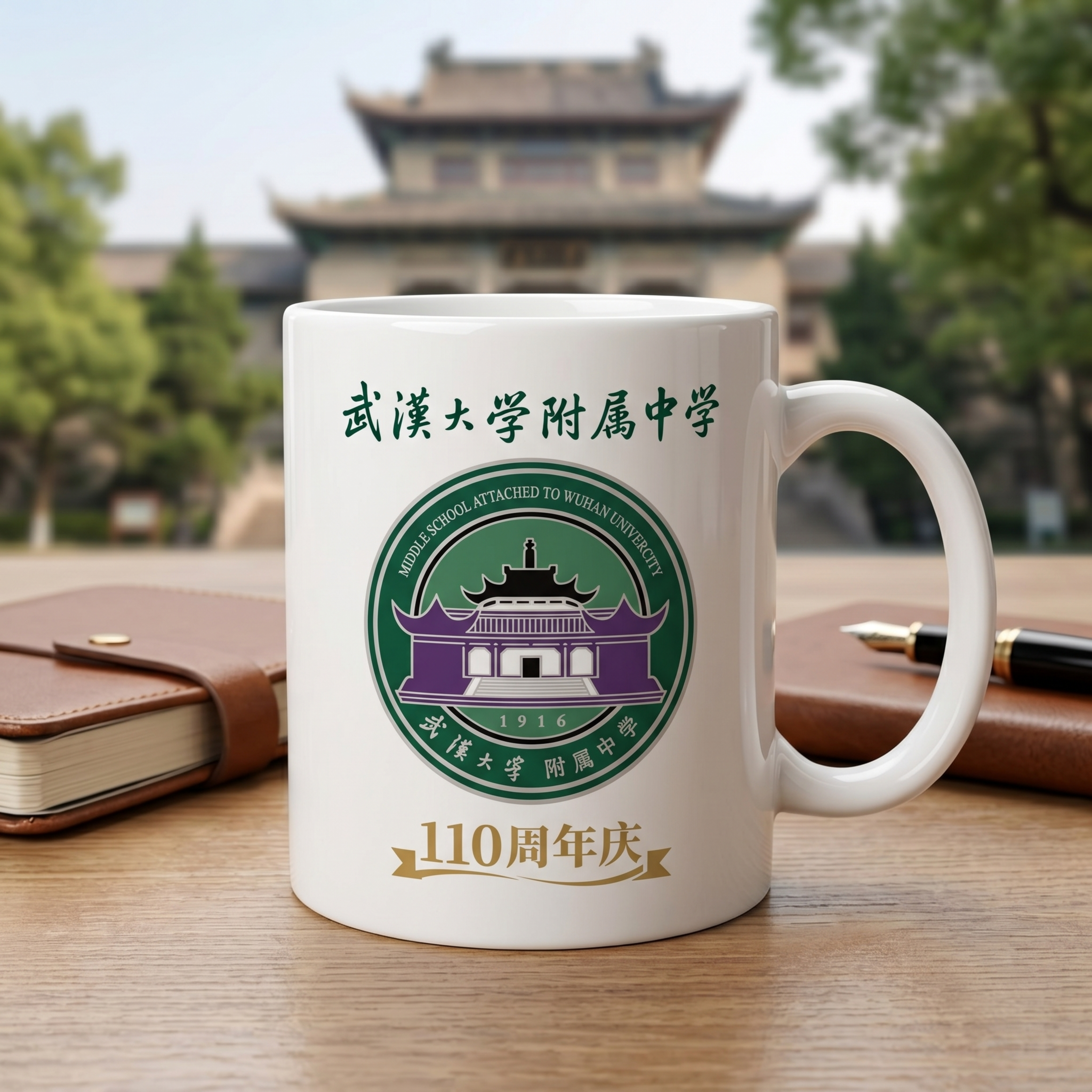 设计武汉大学附属中学110周年庆马克杯效果图，杯身印有正确的校… - 图片创意预览