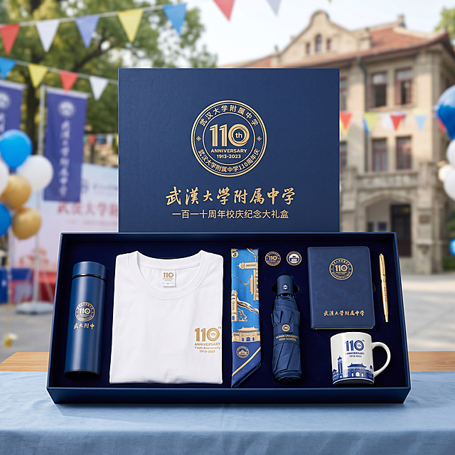 武汉大学附属中学110周年庆大礼盒整体效果图，礼盒表面印有110周年庆徽章图案和校名文字，深蓝色礼盒配金色装饰，将保温杯、T恤、丝巾、徽章、雨伞、笔记本、笔、马克杯装入礼盒，展示礼盒外观，清晰无错别字扭曲模糊