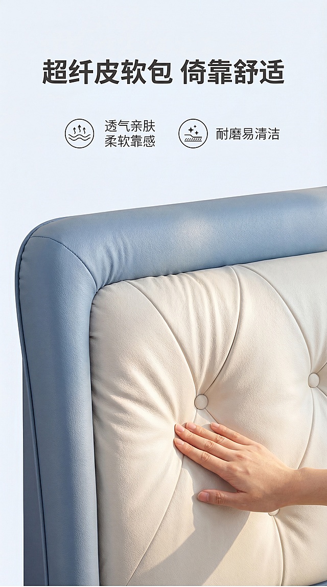 [第4屏] 软包细节屏-超纤皮软包床头工艺展示。氛围风格：质感特写风，柔和光线突出皮革肌理，亲肤舒适视觉感受。元素布局：本屏使用图1床头区域放大特写，展示拉扣工艺和超纤皮纹理，保持蓝白拼接配色和拉扣位置与图1一致。一只手轻轻靠在软包上，展示柔软触感，保留超纤皮表面细腻纹理。背景浅纯色，突出床头主体细节。光影质感：侧光打在软包表面，突出皮革褶皱和纹理层次，拉扣凹陷处形成自然阴影，质感真实。配色色系：全局底色：#F2F7FA；主体：浅蓝色+米白色超纤皮；辅助色：浅肤色手部+深灰文字。视角构图：特写构图，床头占据画面70%区域，居中特写，手部放在右下角自然互动。文字版式：顶部主标题"超纤皮软包 倚靠舒适"，加粗居中；下方分两点介绍："透气亲肤 柔软靠感" "耐磨易清洁"，图标配文字排版。比例分辨率：9:16 竖版比例，文字清晰可辨，超高清。负向提示词：软包变形，颜色偏差，纹理失真，拉扣错位，文字遮挡核心细节。