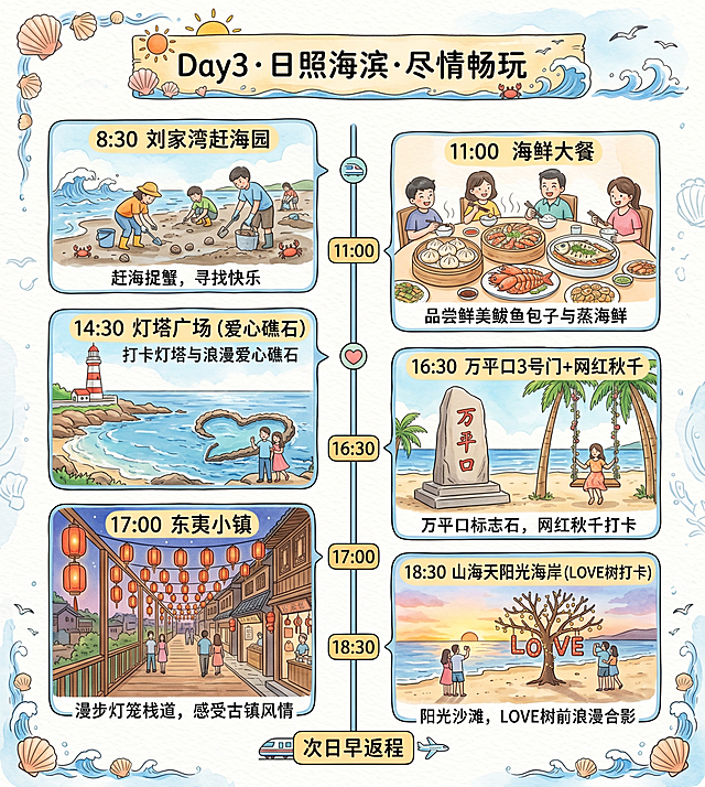 手绘风格Day3行程模块图，竖版1080×1200，4K高清。标题："Day3 · 日照海滨·尽情畅玩"。时间轴：8:30 刘家湾赶海园 → 11:00 海鲜大餐（清蒸海鲜、鲅鱼包子）→ 14:30 灯塔广场（爱心礁石）→ 16:30 万平口3号门+网红秋千 → 17:00 东夷小镇 → 18:30 山海天阳光海岸（LOVE树打卡）→ 次日早返程。配图：赶海、灯塔、万平口石碑、东夷灯笼栈道、LOVE树。文字校正：'刘家湾赶海园'、'鲅鱼包子'，无错字，字体清晰。