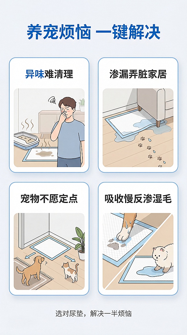 [第2屏] 痛点直击页面，分析养宠使用尿垫常见问题，引出可灵贝尔宠物尿垫价值。参考参考图痛点排版方式，分框展示不同痛点。
[氛围/风格] 简约干净风格，浅蓝白色调，清晰图文对比，商业设计质感。
[元素布局] 顶部大标题区域，下方分为四个等大矩形卡片，每个卡片展示一个痛点场景，卡片圆角设计，浅蓝描边，背景为浅灰色。整体排版清晰透气，信息层级分明。
[光影质感] 整体均匀布光，卡片之间留白清晰，文字和图片对比明显，阴影柔和不突兀。
[配色色系] 全局底色：#F5F8FA（浅灰白）；卡片背景：#FFFFFF；主色：#1967D2（蓝色标题）；文字：#333333。
[视角构图] 竖向排版，从上到下依次为标题、四个痛点卡片、底部引导语，符合手机阅读习惯。
[文字版式] 顶部主标题："养宠烦恼 一键解决"，蓝色粗体居中。四个痛点分别为："异味难清理" "渗漏弄脏家居" "宠物不愿定点" "吸收慢反渗湿毛"，每个痛点卡片上方文字标题，下方可搭配简约场景示意图，文字清晰不遮挡图片。底部引导语："选对尿垫，解决一半烦恼"灰色小字居中。
[比例分辨率] 9:16竖版比例，4K分辨率，文字清晰可辨，超高清。
[负向提示词] 文字错乱，排版拥挤，颜色冲突，变形，水印，低俗场景。