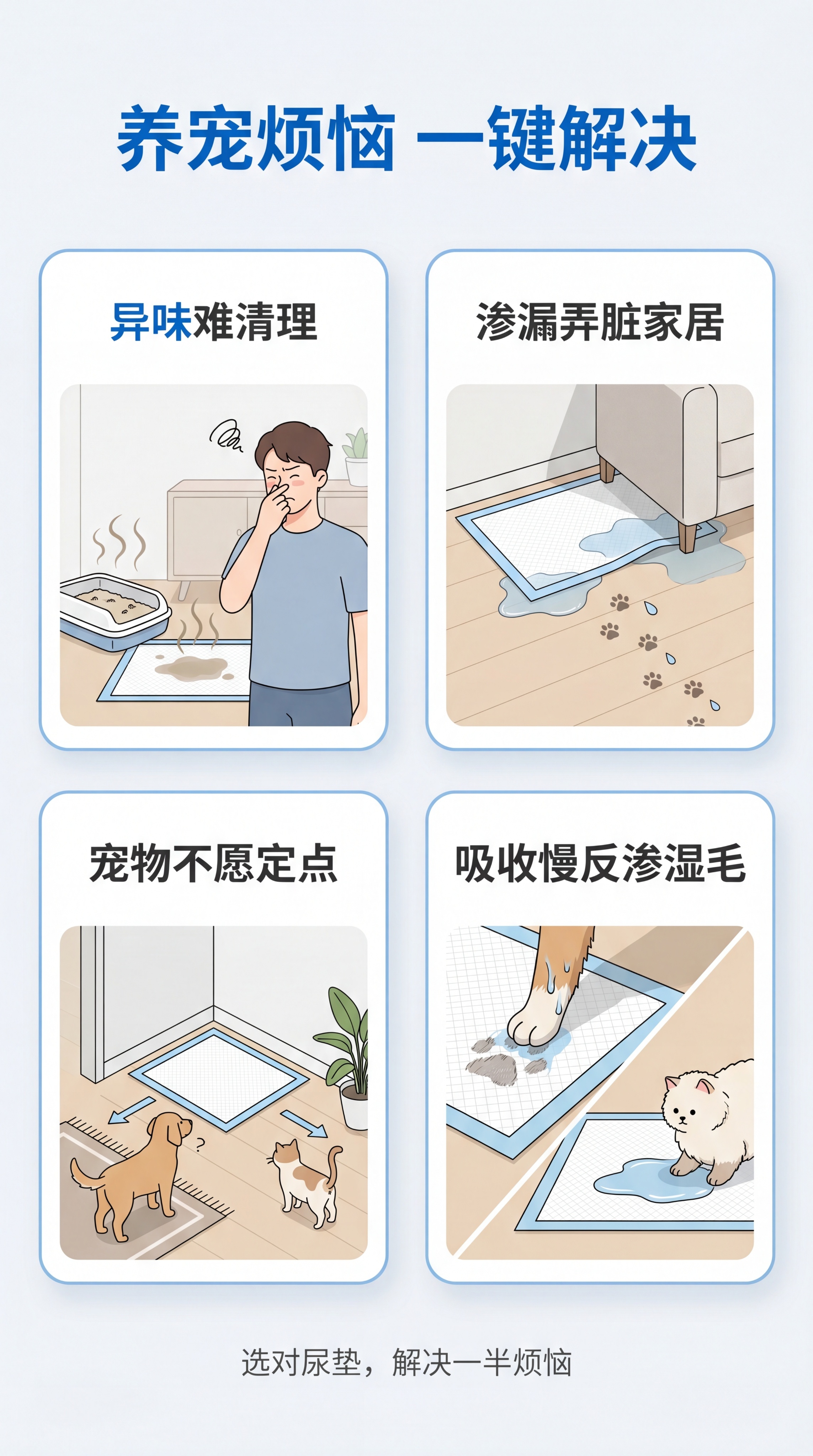 [第2屏] 痛点直击页面，分析养宠使用尿垫常见问题，引出可灵贝… - 图片创意预览