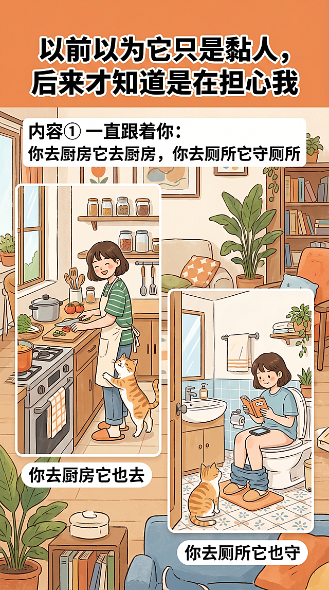 小红书竖版动画风格图文，标题"以前以为它只是黏人，后来才知道是在担心我"，内容①一直跟着你：你去厨房它去厨房，你去厕所它守厕所，手绘动画风格，画面只有一个主人和一只猫咪，自然无AI穿帮感，文字排版清晰
