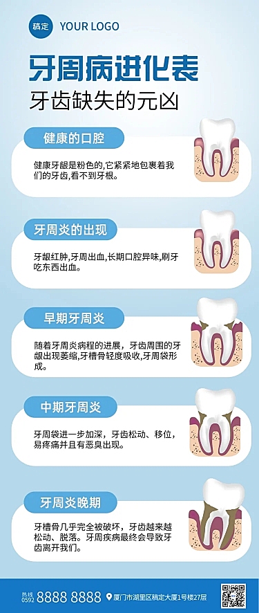 蓝色简约卡项排版牙周病口腔知识健康科普长图海报