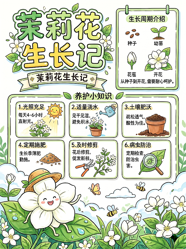 在原图基础上简化画面，将‘养护小知识’板块放大突出显示，其余部分适当精简；背景改为纯白色；保持马克笔手绘风格与茉莉花主题，标题仍为‘茉莉花生长记’，确保整体清晰易读