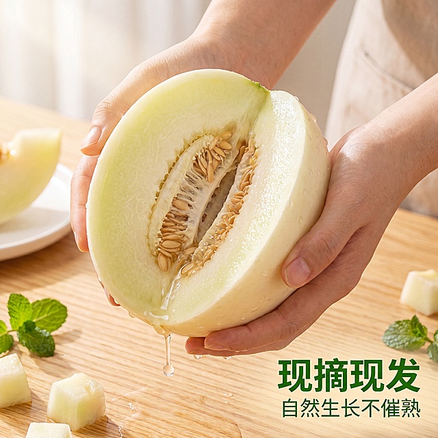 [主图-4] 真实食用场景展示，双手捧着切开的阎良甜瓜展示汁水，强调新鲜体验。保持阎良甜瓜外观、结构、颜色与输入产品图一致，杜绝任何变形和色差，精细化处理。背景为温馨原木餐桌，散落少许薄荷叶和甜瓜果粒，整体氛围自然生活化，商品主体占比约70%。商业摄影质感，真实抓拍第一人称视角，画面清新自然，充满生活气息。柔和自然光从侧面射入，甜瓜表面水珠清晰，果肉水润反光。主色调奶白甜瓜搭配浅木色背景，清新自然。平视第一人称视角，景深适中，主体突出。右下角负空间放置文案"现摘现发"绿色粗体，小字"自然生长不催熟"白色缩小字号。比例1:1，4k分辨率，文字清晰可辨，超高清。负向提示词：变形，水印，文字错乱，产品图模糊，背景杂乱。