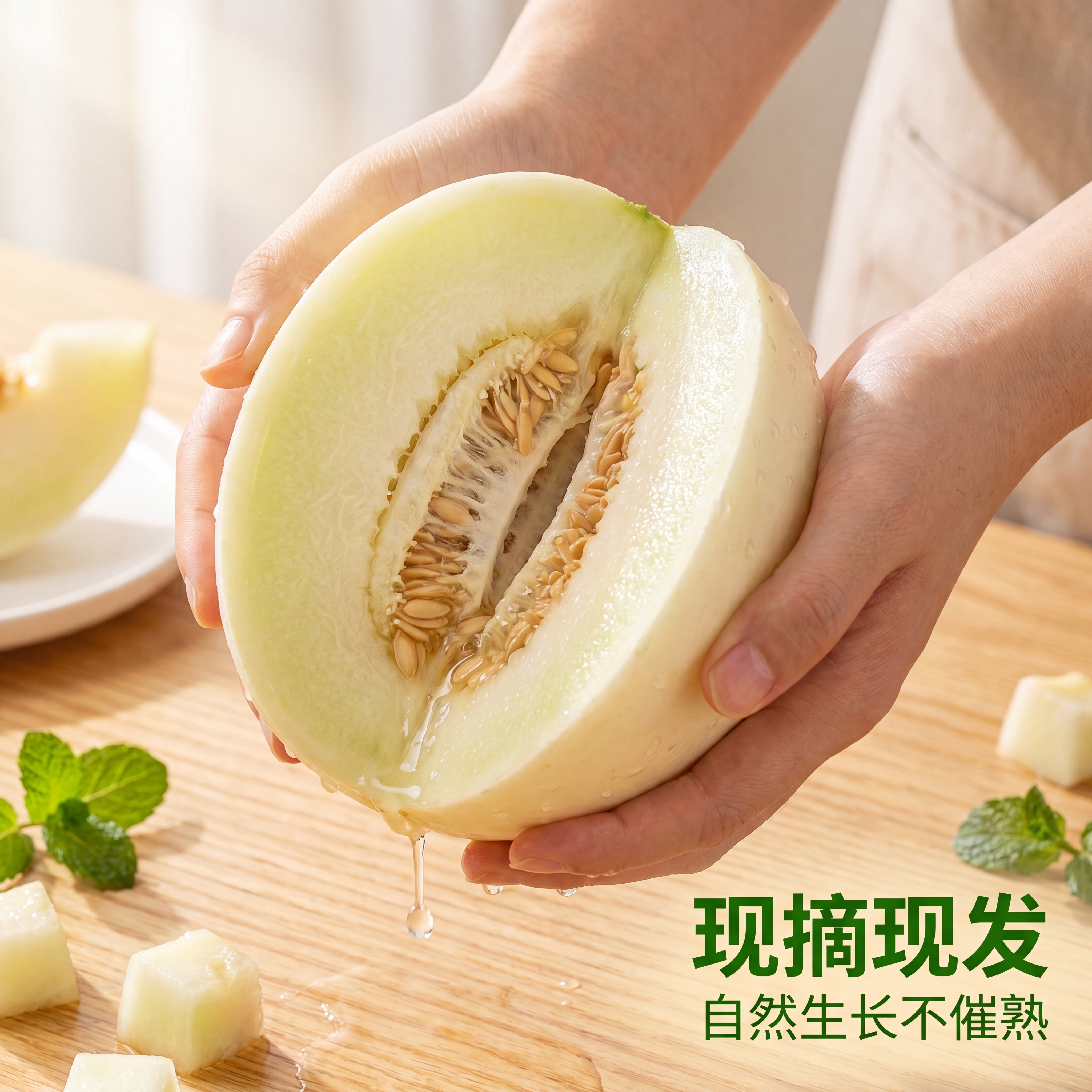 [主图-4] 真实食用场景展示，双手捧着切开的阎良甜瓜展示汁水… - 图片创意预览