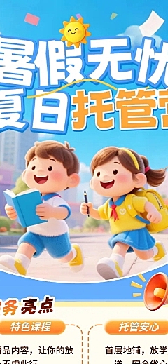 3D卡通趣味感场景教育K12教育机构夏日暑假托管班招生课程营销宣传长图海报