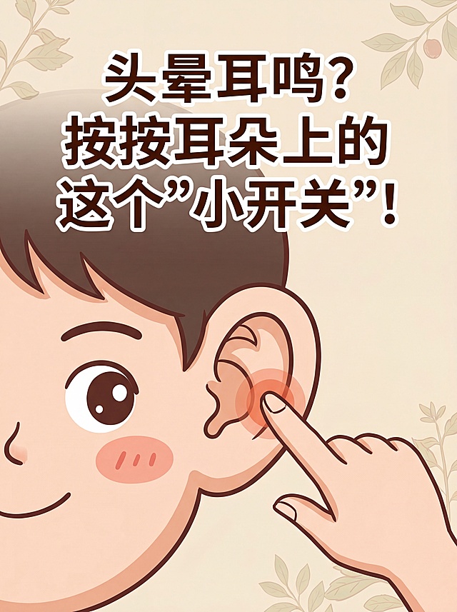 中医养生科普插画，卡通风格的人物耳朵，手指点按耳部穴位区域，上方配文字"头晕耳鸣？按按耳朵上的这个"小开关"！"，不标注穴位，风格简约清晰，比例3:4