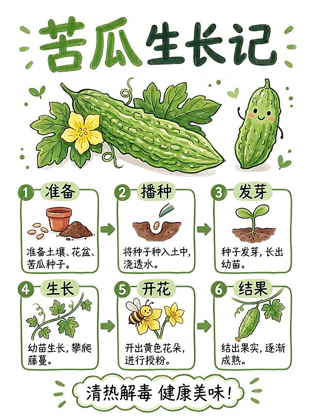 在开花授粉这一步骤的黄色苦瓜花上添加一只可爱的小蜜蜂，保持整体马克笔手绘风格，其余内容和布局不变，主色调绿色不变