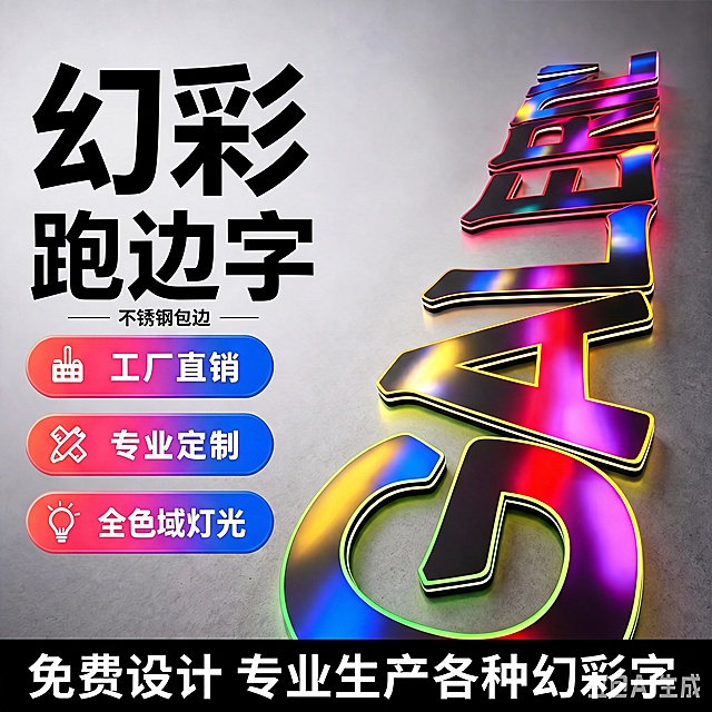 先修改图二下方黑色部分文字，替换为"免费设计 专业生产各种幻彩字"，再把图二带文字的部分移动到图一上，保持图一的尺寸和比例不变，整体融合自然，保留原有色彩风格