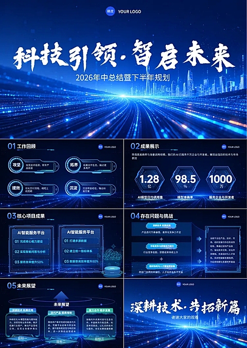 AI互联网企业年中总结报告蓝色科技感炫酷风通用ppt套装