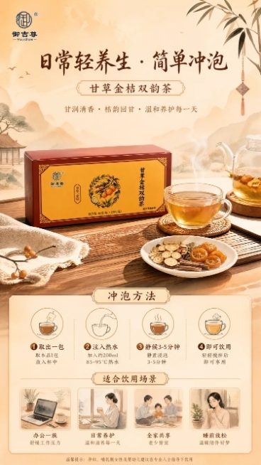 「图片1」，生成一套详情页，商品名称为甘草金桔双韵茶，详情页海报，9:16比例，水墨国风，酒红+明橙配色，淡墨晕染山纹背景，顶部文字“御吉尊 · 品牌实力保障”，下方三个模块：① 资质认证图标+“正规预览效果
