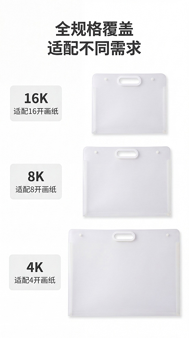 [第7屏] 规格参数-清晰展示三款尺寸对应适配画纸规格。本屏使用【图10】三款产品并排展示，保持各尺寸比例与原图一致。
[氛围/风格] 清晰信息风，干净白底，参数排版整齐，易于阅读。
[元素布局] 三款尺寸产品从小到大竖向排列在画面中，每个尺寸产品左侧放规格信息卡，标注尺寸和适配画纸，整体对齐工整。三款产品的大小比例、结构颜色与原图一致。
[光影质感] 均匀顶光，每个产品清晰不重叠，阴影柔和，信息文字清晰可读。
[配色色系] 全局底色：#FFFFFF（纯白）；产品：半透奶白；信息卡背景：#F0F0F0（浅灰）；文字：#333333。
[视角构图] 正面平视，竖向排列三款产品，信息卡对齐，构图工整对称。
[文字版式] 顶部标题「全规格覆盖 适配不同需求」，深灰色居中。三款产品标注：
1. 16K尺寸：「16K 适配16开画纸」，尺寸信息标注在产品左侧信息卡
2. 8K尺寸：「8K 适配8开画纸」
3. 4K尺寸：「4K 适配4开画纸」
文字清晰，字号适合移动端阅读，参数一目了然。
[比例分辨率] 9:16 竖版比例，4K分辨率，文字清晰可辨，超高清。
[负向提示词] 尺寸比例错误，产品变形，文字模糊，颜色偏差，排版错乱，水印