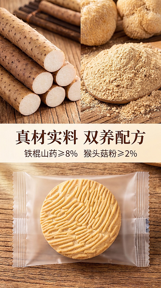 使用商品详情页技能根据商品图「图片1」「图片1」「图片1」「图片1」生成详情页，参考图为，商品名称为铁棍山药猴菇饼干，卖点为铁棍山药 + 猴头菇，养胃更健康 无蔗糖配方，清淡不齁甜 非油炸烘焙，酥香不油腻 750g 大分量，11.8 元高性价比 独立小包装，干净便携锁鲜 老少皆宜，代餐解馋两不误，适配平台为抖音/快手，图片比例为9:16，需求屏数为15张，第一屏：核心卖点---客户需求点，第二屏---第六屏：卖点验证，第七屏-第九屏：制造需求，第十屏-第十三屏：产品细节展示，第十四屏-第十五屏：实力+售后