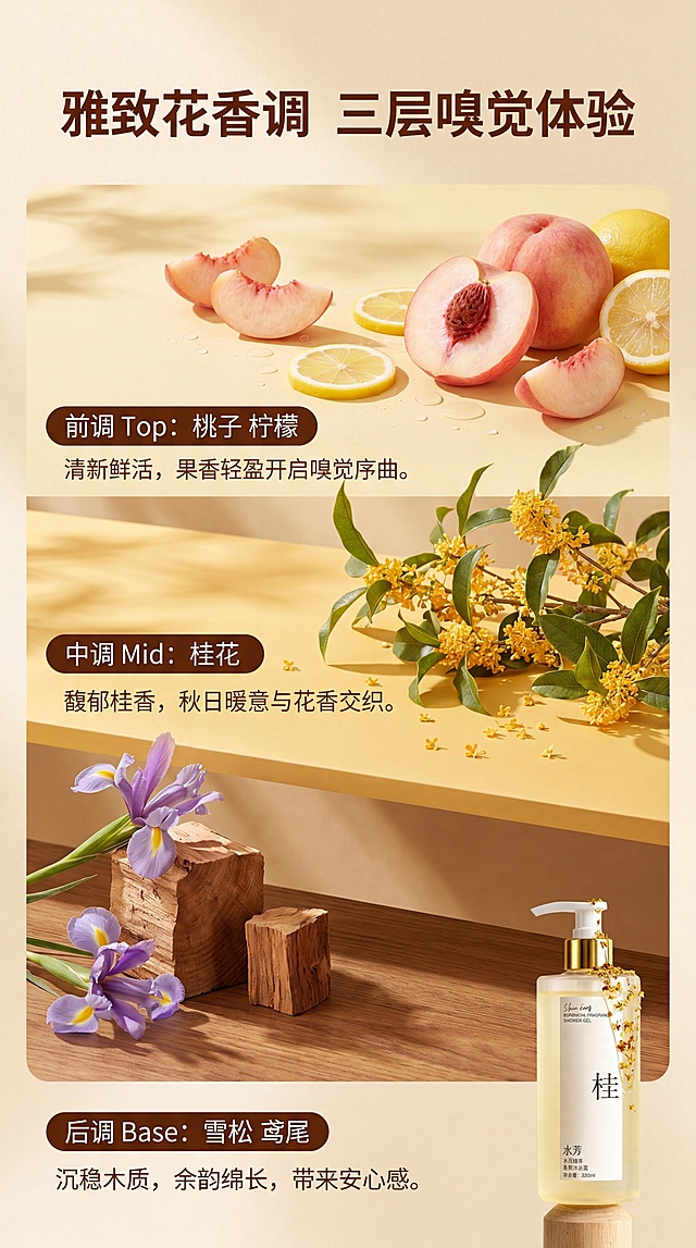 [第4屏] 香氛调感解析页，水芳桂系列雅致花香调。[氛围/风格] 诗意氛围感，暖调秋日感，温柔高级，商业摄影质感。[元素布局] 页面从上到下分三层呈现阶梯式香调，每层搭配对应风味食材/植物素材：上层前调摆放桃子和柠檬切片，中层中调摆放新鲜桂花枝，下层后调摆放雪松木块和鸢尾花，页面顶部放主标题，右下角点缀【图2】产品小图，保持瓶身颜色和包装一致。[光影质感] 暖调柔散光，每层素材呈现自然阴影，整体氛围温馨有层次。[配色色系] 全局底色 #F9EED9，前调浅黄，中调金黄桂色，后调棕褐木质色，文字深棕。[视角构图] 纵向三段式分层构图，阶梯感呈现香调变化，动线清晰。[文字版式] 顶部主标题「雅致花香调 三层嗅觉体验」加粗居中，每层顶部标注调名：「前调 Top：桃子 柠檬」「中调 Mid：桂花」「后调 Base：雪松 鸢尾」，每层下方配小字描述体验感受，文字排版透气不拥挤，手机端清晰可读。[比例分辨率] 9:16 竖版，4K分辨率，文字清晰可辨。[负向提示词] 素材杂乱，文字重叠，颜色偏差，产品变形，文字模糊，水印。