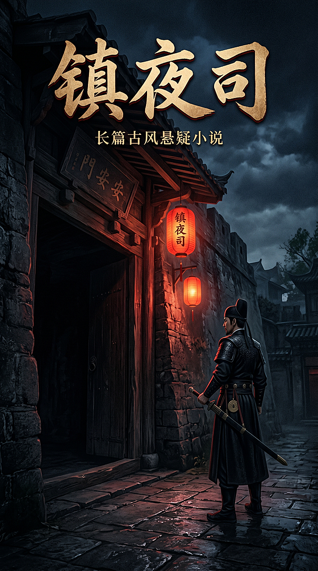 悬疑古风小说封面，书名“镇夜司”，古风夜晚城门下，身穿黑色官差服饰的男子站立，红色灯笼微光，氛围感浓厚，书名“镇夜司”文字放在封面顶部居中，悬疑暗黑风格