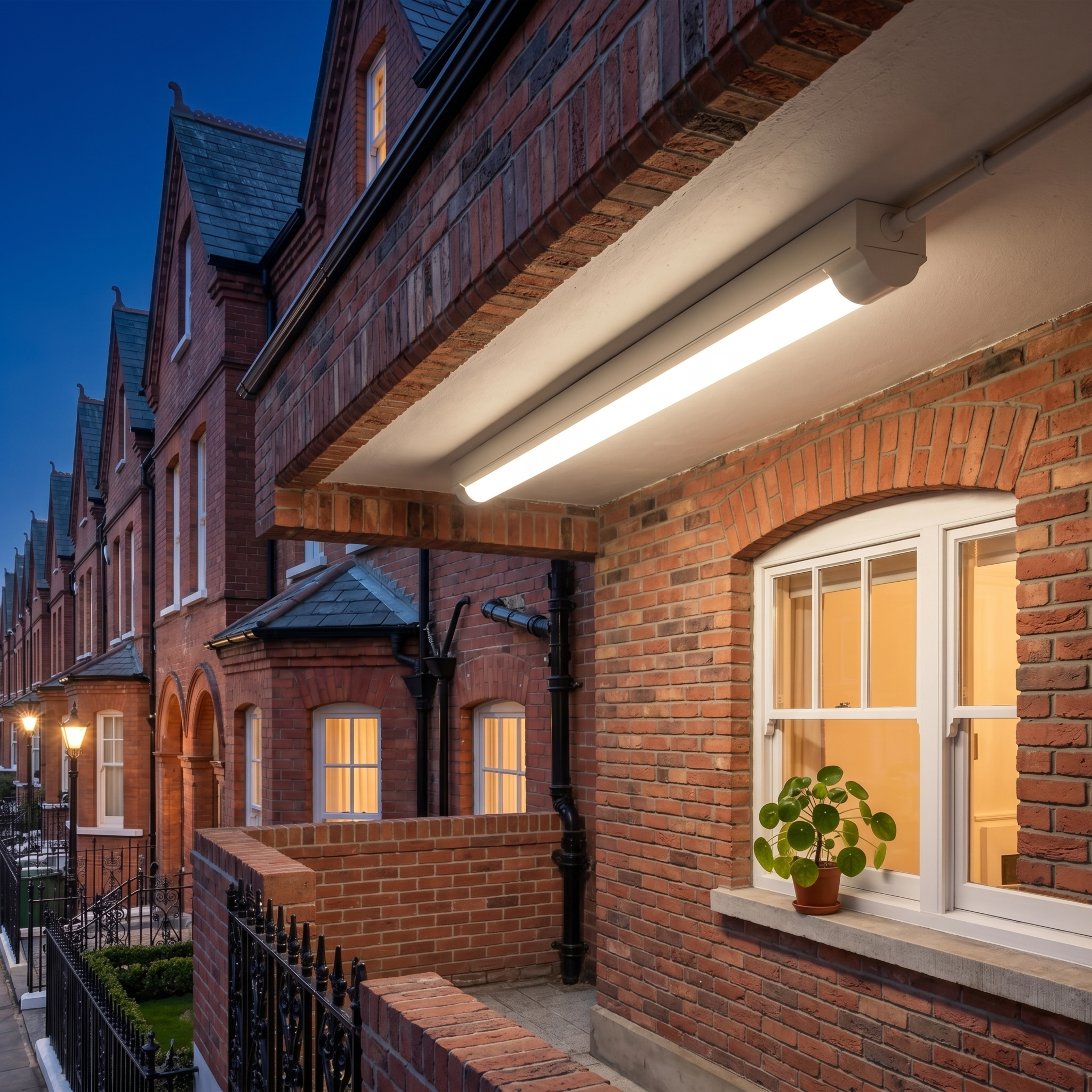 将灯管所在建筑改为英伦风别墅风格：红砖外墙、坡屋顶、黑色铸铁排… - 图片创意预览