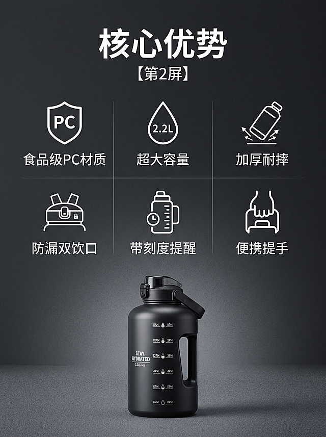 [第2屏] 核心卖点总览，黑色PC运动吨吨桶，深灰渐变颗粒背景。顶标题"核心优势"，两行三列排列六个卖点：食品级PC材质、超大容量、加厚耐摔、防漏双饮口、带刻度提醒、便携提手，每个卖点配简约图标，图标在上文字在下，排版整齐清晰，3:4竖版，4K，文字清晰。负向：排版错乱、图标变形