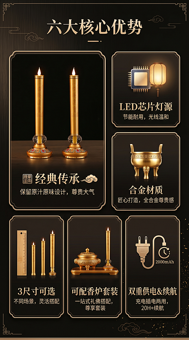 [第3屏] 核心卖点总览，六大优势分层卡片展示，深色中式禅意风格。左大卡片用【图2】展示产品，保持原外观不变；右侧和下方五个小卡片分别展示六个卖点：LED芯片灯源、充电插电两用、合金材质、3尺寸可选、可配香炉套装、2000mAh续航。顶部主标题「六大核心优势」，每个卖点配中式图标，文字清晰。全局底色#1A1612深棕黑，9:16竖版，4K分辨率。负向提示词：产品变形，结构错误，文字拥挤