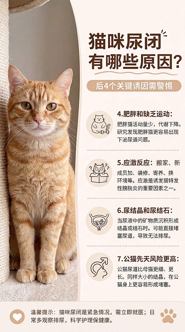 Professional pet health infographic. Left: realistic orange tabby cat, calm expression, sitting near scratching post. Right: beige background, dark brown title "猫咪尿闭有哪些原因？", subtitle "后4个关键诱因需警惕". Content in numbered list: 4. 肥胖和缺乏运动：肥胖猫活动量少，代谢下降。研究发现肥胖猫更容易出现下泌尿道问题。 5. 应激反应：搬家、新成员加入、装修、寄养、换环境等。应激是诱发猫特发性膀胱炎的重要因素之一。 6. 尿结晶和尿结石：当尿液中的矿物质沉积形成结晶或结石时。可能直接堵塞尿道，导致无法排尿。 7. 公猫先天风险更高：公猫尿道比母猫更细、更长。同样大小的结晶，在公猫身上更容易形成堵塞。 Each point with small relevant icon (overweight cat, stressed cat, bladder diagram, male symbol). Bottom tip: "猫咪尿闭是紧急情况，需立即就医；日常多观察排尿，科学护理保健康。" Clean layout, warm tone, high-resolution real photo style, matching user's template.