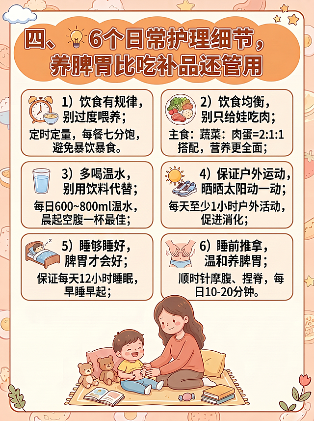 小红书3:4育儿笔记配图，延续前三张统一风格：温馨亲子插画风、暖色调、圆角卡片设计。标题为“四、💡6个日常护理细节，养脾胃比吃补品还管用”。正文采用2列3行横向排版（共6个卡片），每张卡片含：1) 图标（如闹钟、餐盘、水杯、太阳、床、手部推拿）、2) 编号+标题（如“1）饮食有规律，别过度喂养”）、3) 1–2行精炼说明（如“定时定量，每餐七分饱，避免暴饮暴食”）。具体内容：1）饮食有规律，别过度喂养——定时定量，每餐七分饱，避免暴饮暴食；2）饮食均衡，别只给娃吃肉——主食:蔬菜:肉蛋=2:1:1搭配，营养更全面；3）多喝温水，别用饮料代替——每日600~800ml温水，晨起空腹一杯最佳；4）保证户外运动，晒晒太阳动一动——每天至少1小时户外活动，促进消化；5）睡够睡好，脾胃才会好——保证每天12小时睡眠，早睡早起；6）睡前推拿，温和养脾胃——顺时针摩腹、捏脊，每日10-20分钟。底部配妈妈给娃做腹部推拿的温馨插画，整体排版清爽易读，适配小红书3:4尺寸。