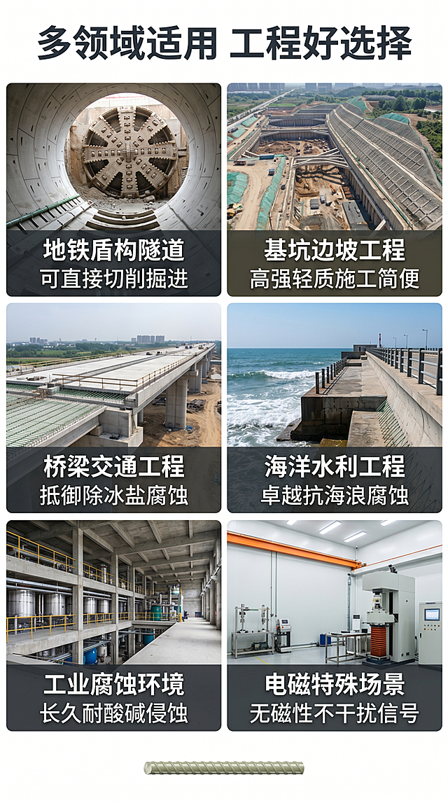 「图片1」，生成一套详情页，商品名称为玻璃纤维筋，适配淘宝/天猫平台，单图比例为9:16，需求屏数为8张。标题建议：玻璃纤维筋 / GFRP筋——安徽森德工厂直供｜轻质高强｜耐腐蚀｜易切割不产生火花｜替代钢筋｜盾构隧道·基坑支护·桥面铺装·边坡加固专用

玻璃纤维筋（GFRP筋）——安徽森德工厂直供，轻质高强，耐腐蚀，易切割不产生火花，替代钢筋，盾构隧道·基坑支护·桥面铺装·边坡加固专用！
🔥 产品概述
玻璃纤维筋（又称玻璃纤维增强筋、GFRP筋、玻璃钢钢筋）是安徽森德新材料科技发展有限公司自主研发的新型高性能复合材料筋材，专用于替代传统钢筋，广泛用于地铁盾构隧道、桥梁工程、基坑支护、边坡加固、连续配筋混凝土路面及各类地下工程。

玻璃纤维筋由高强度无碱玻璃纤维作为增强材料，以高性能环氧树脂或乙烯基酯树脂为基体，经专用拉挤设备在高温高压下固化成型。与传统钢筋相比，我司产品具有轻质高强、耐腐蚀、易切割不产生火花、绝缘无磁、与混凝土结合力强等显著特点，在海港码头、化工厂房、污水处理厂、地铁盾构等腐蚀性或电磁敏感特殊环境中优势尤为突出。

安徽森德拥有37,500㎡现代化生产基地，配备先进的FRP拉挤生产线，年产能雄厚，产品全流程通过ISO9001质量管理体系认证，严格执行《土木工程用玻璃纤维增强筋》（JG/T 406—2013）、《玻璃纤维增强筋应用技术标准》（GB/T 50608）等行业标准，并可提供第三方权威检测报告。
产品主要技术参数
参数项目	技术指标
产品名称	玻璃纤维筋 / GFRP筋 / 玻璃钢增强筋 / 玻璃纤维增强筋
产品材质	高强度无碱玻璃纤维（E-Glass）+ 高性能环氧树脂/乙烯基酯树脂 + 固化剂
生产工艺	拉挤成型工艺（纤维浸胶→预成型→高温固化→牵引切割），全程自动化控制，公差±0.5mm
公称直径	φ6mm～φ32mm（支持定制，最大可至φ50mm）
筋材长度	按客户要求任意定制（可根据工程现场需求灵活截取）
表面形态	全螺纹结构 / 螺纹表面，牙形、牙距整齐均匀，无气泡、无裂纹
抗拉强度	≥600MPa（高于普通HRB400钢筋2倍，可达600～1200MPa）
弹性模量	≥40GPa
密度	约2.1 g/cm³（约为钢筋的1/4）
耐温性能	-50℃ ~ +120℃，极端温差下抗拉强度保留率≥92%
耐腐蚀性能	耐酸、耐碱、耐盐雾、耐氯离子侵蚀，抗氯离子腐蚀能力提升3倍以上
绝缘性能	完全绝缘，不导电、不导热、不反射电磁波
磁性	无磁性，非磁材料，无需脱磁处理
热膨胀系数	与混凝土/水泥接近，握裹力强
适用标准	JG/T 406—2013《土木工程用玻璃纤维增强筋》
GB/T 50608《玻璃纤维增强筋应用技术标准》
CJJ/T 192-2012《盾构可切削混凝土构件技术规程》
破坏伸长率	≥2.5%
可提供认证	ISO9001质量管理体系认证 / 第三方权威机构检测报告（抗拉强度、抗剪强度、弹性模量、耐久性等全套检测）
主要应用领域
我司玻璃纤维筋凭借轻质高强、耐腐蚀、易切割、绝缘无磁等优异性能，广泛应用于以下核心工程领域：

🚇 地铁与隧道工程
盾构隧道洞门围护结构：替代钢筋用于盾构始发井、到达井的连续墙围护结构，实现盾构机直接切削掘进（“soft-eye”技术），避免人工破除钢筋笼作业，缩短工期7～10天；

矿山法隧道初期支护：适用于隧道锚喷支护系统，配合喷射混凝土快速稳定围岩；

隧道二次衬砌：替代钢筋用于隧道衬砌结构，耐腐蚀性能可有效抵抗化冰盐侵蚀；

地铁区间风井：在地铁8号线等项目中，用于区间风井围护结构，避免盾构刀盘损坏，简化洞门施工。

🏗️ 基坑与边坡工程
基坑连续墙支护：玻璃纤维筋笼用于深基坑连续墙，减少幅间钢材接口，节省接口钢材，降低成本；

边坡锚固支护：适用于公路边坡、铁路边坡的系统锚杆加固与锚索框格梁；

深大竖井围岩加固：在深基坑、竖井等工程中配合喷锚支护体系，有效控制围岩变形。

🌉 桥梁与交通基础设施
桥面铺装层：连续配筋混凝土桥面铺装结构中替代钢筋，抗腐蚀、抗疲劳，提升耐久性；

高速公路边坡加固：适用于高速公路、国道沿线高陡边坡的系统锚杆加固；

连续配筋混凝土路面：替代钢筋用于公路路面，克服钢筋易锈蚀的弊病，降低路面结构内应力，避免产生电化学腐蚀问题；

桥面护栏结构：在混凝土护栏中替代钢筋，既保证结构使用性能，又解决钢筋易锈蚀的难题。

🌊 海洋与水利工程
海港码头桩基：桩基主筋替换为玻璃纤维筋，抗氯离子腐蚀能力提升3倍，设计寿命超50年；

跨海大桥桩基：浪溅区、潮差区等严重腐蚀部位采用，从根本上解决钢筋锈蚀导致的混凝土开裂问题；

水利防渗面板：大桥水库、马鞍山水库等水利工程中用于制作防渗面板，耐久性提升40%；

河道支护桩：水环境综合治理项目中，河道支护桩与基坑连续墙应用玻璃纤维筋笼。

🏭 工业腐蚀环境
污水处理厂：高湿度、化学药剂腐蚀环境，适用于厂区地坪加固层、池体结构，耐酸碱性能保障结构稳定性；

化工厂房：耐酸碱腐蚀，适用于化工生产车间、储罐区地坪、设备基础等结构；

盐渍土地区基础：在土壤pH值低至4.5的强腐蚀环境中，应用寿命远超传统钢材。

📡 电磁敏感与特殊场景
医院MRI室、CT室：非磁性与透波性能确保精密仪器的电磁环境纯净与正常运行；

通讯基站、雷达站：透波性强，适用于需电磁波透过的建筑结构；

军事工程、保密工程：绝缘脱磁，满足特殊安全要求；

预制水泥墓室：非金属特性符合民俗要求，华北地区广泛应用。
主要客户与项目案例
安徽森德玻璃纤维筋产品已广泛应用于多项重点工程，产品质量与供货能力经行业客户验证与信赖：

地铁盾构工程——产品广泛应用于国内多个城市地铁线路的盾构始发与到达井围护结构，实现盾构直接切削掘进，缩短工期、降低安全风险；

市政基坑工程——为多项城市深基坑连续墙项目供应玻璃纤维筋笼，有效减少幅间钢材接口，降低工程成本；

水利环保工程——在水环境综合整治、污水处理厂升级改造等项目中应用，耐酸碱性能保障长期结构稳定；

工业厂房与基础工程——为化工厂、盐渍土地区基础工程提供耐腐蚀筋材解决方案，工程寿命延长至50年以上。
玻璃纤维筋核心优势——六大特性助力工程提质增效
✅ 优势一：质轻高强——运输施工双节省
玻璃纤维筋密度仅为约2.1g/cm³，是普通钢筋的1/4左右，同等规格下每米重量远低于传统钢筋，每车可多装3～4倍数量。同时，我司产品抗拉强度≥600MPa，约相当于普通HRB400钢筋的2倍，实现“轻而不弱”的优异力学性能。

运输成本降低75%，同等运力可承运更多材料；

结构自重减轻12%～30%，基础成本降低9%以上，工程经济性显著；

现场搬运轻便，单人即可操作，大幅降低工人劳动强度；

综合造价（含运输、安装）已低于传统钢筋15%～20%。

在沿海码头桩基工程中，以玻璃纤维筋替代钢筋，抗氯离子腐蚀能力提升3倍，设计寿命超50年，运维成本降低35%。

✅ 优势二：卓越的耐腐蚀性能——严酷环境的终极解决方案
玻璃纤维筋由玻璃纤维与树脂复合而成，不吸水、不锈蚀，对酸、碱、盐及氯离子具备极强的耐受能力，有效抵抗碳化作用与电化学腐蚀。在沿海地区、盐渍土环