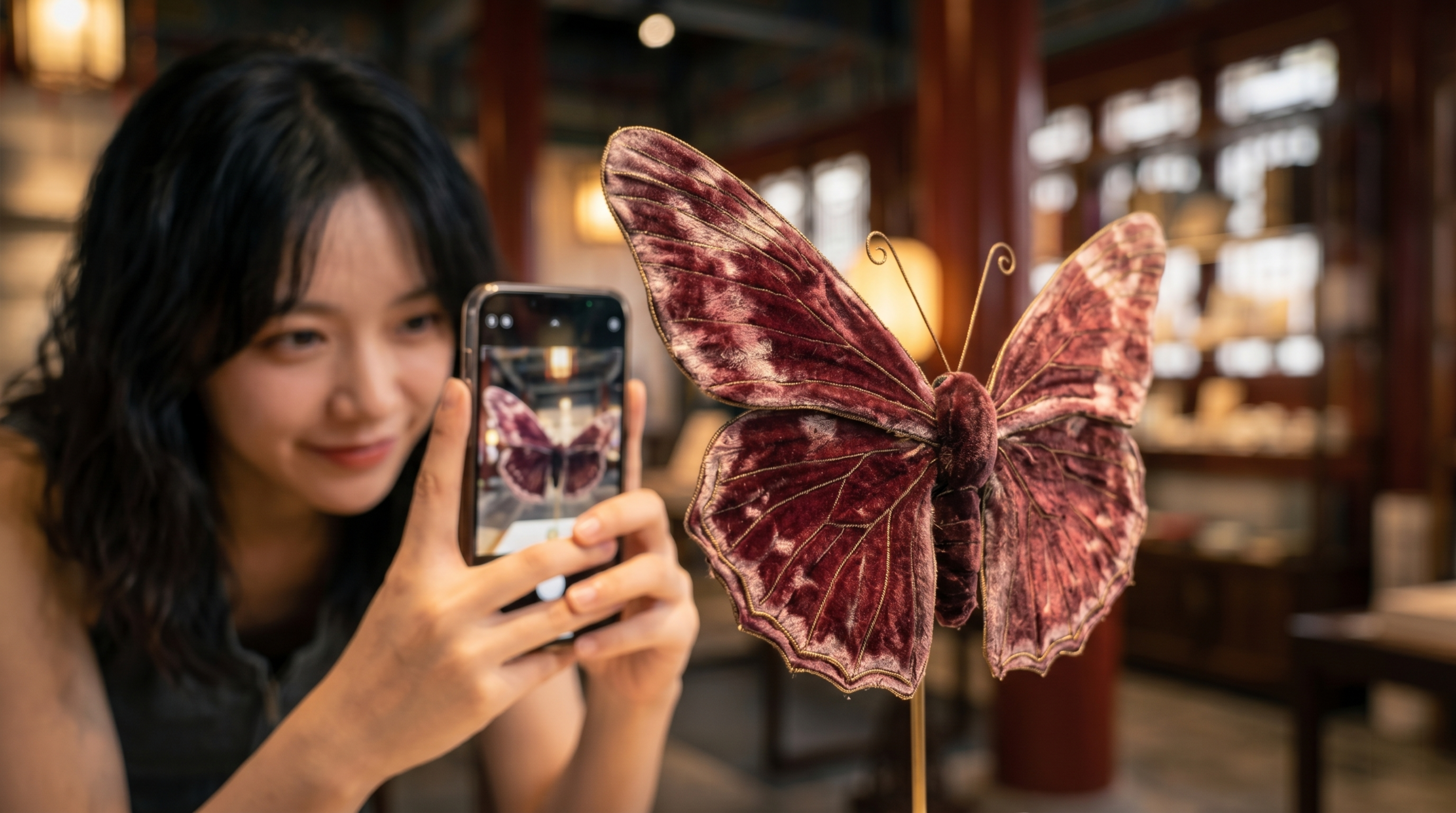 林晓对着绒花蝴蝶拍摄，参考图1的人物林晓外貌特征，参考图2的中… - 图片创意预览