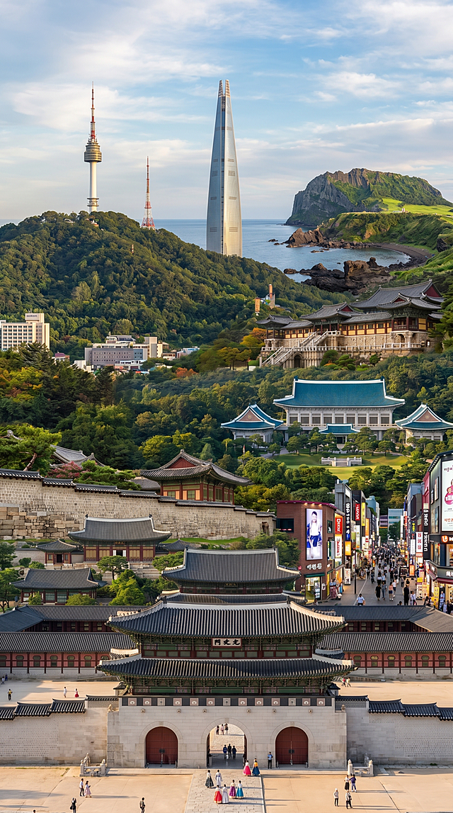 生成一张包含韩国多个著名景点建筑的写实风景图，包含景福宫，德昌宫，佛国寺，N首尔塔，乐天世界大厦，明洞商业街，青瓦台，济州岛自然景观，整体画面写实，细节丰富，真实还原各景点风貌