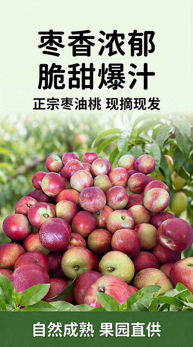 [第1屏] 详情页头图-正宗枣油桃产品宣传海报。新鲜生鲜水果风，自然果园背景，清新通透，商业摄影质感，充满食欲和新鲜感。本屏使用提供的商品图作为主体，保持果实红中带绿的色泽、圆润饱满的外形、果皮自然斑点纹理与原图一致，结构轮廓不变形。枣油桃放置在画面中下区域，占据画面65%-70%主体位置。背景为虚化的绿色果树叶，左上角预留充足标题留白，前景底部加入少量新鲜绿叶作为装饰。整体层次分明，产品突出。左上方柔和自然光照射，果实表面形成自然高光，右下方形成柔和投影，整体明亮通透，果实纹理清晰真实。全局底色使用浅绿清新#F5F9F2，主体配色为果皮红色#DC4444加果绿色#E1F0C4加深绿#3D6B34。上标题下产品的经典版式，顶部为标题区，中下是产品主体。主标题写"枣香浓郁 脆甜爆汁"，副标题写"正宗枣油桃 现摘现发"，底部深绿色细条写"自然成熟 果园直供"白色文字。字体使用圆角黑体，字色仅黑色一种，纯色填充。比例为9:16竖版，4K分辨率，文字清晰可辨。负面提示：果实变形，颜色偏差，果皮纹理错误，水印，文字错乱，产品图模糊，背景杂乱，过度修饰，不自然。